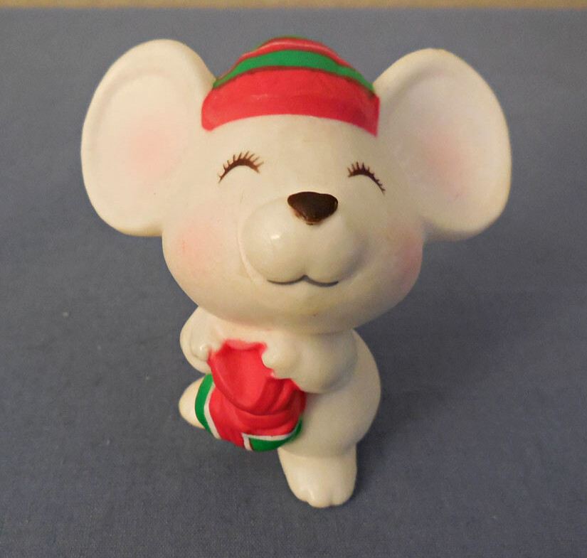 Hallmark Christmas Merry Miniature 1979 Large White Mouse with Red Stocking Hat Hallmark Christmas Merry Miniature 1979 Large White Mouse with Red Stocking Hat