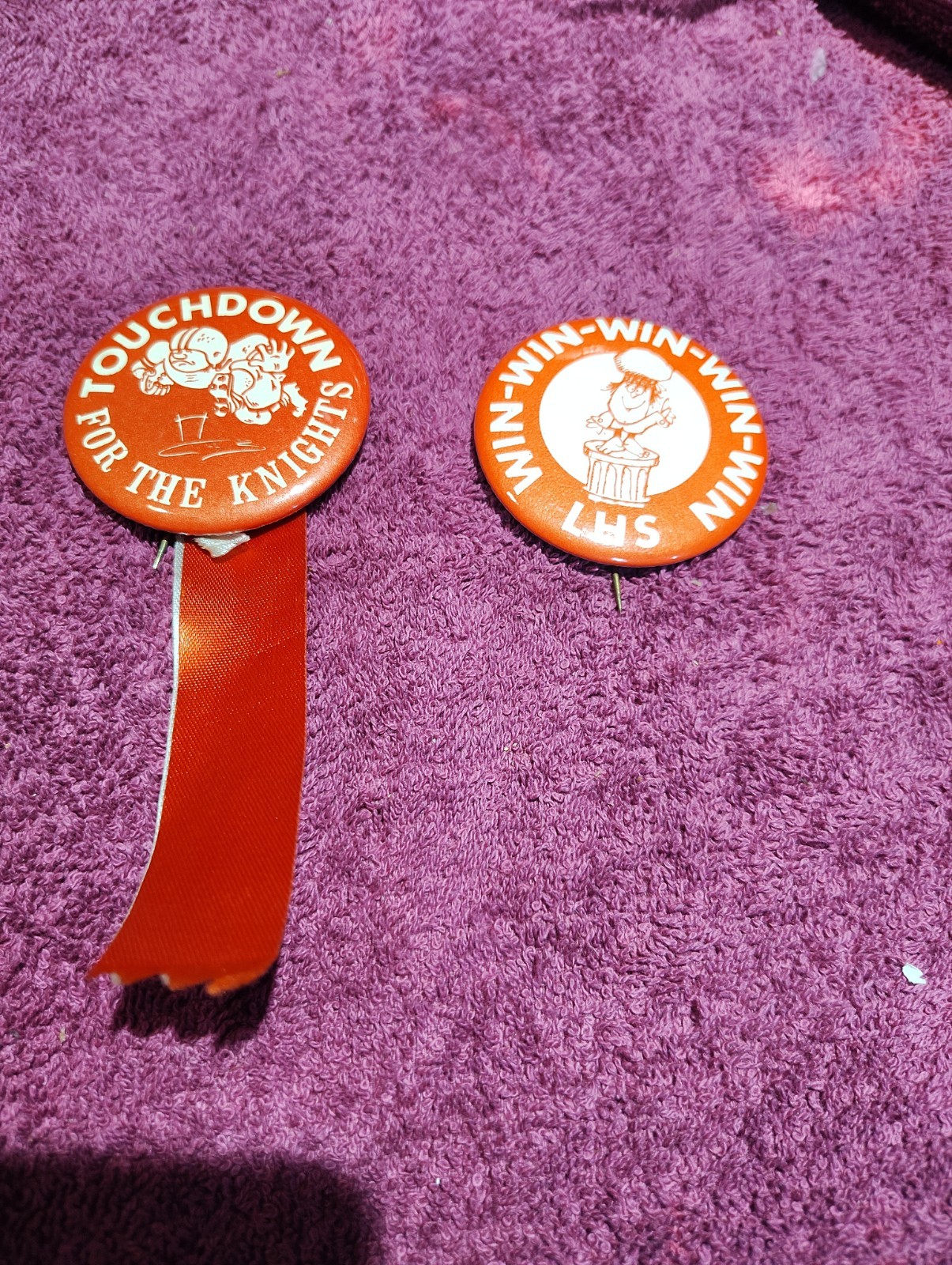 2 Vintage Lourdes High School Oshkosh WI Knights Football Ribbon Pinback Buttons