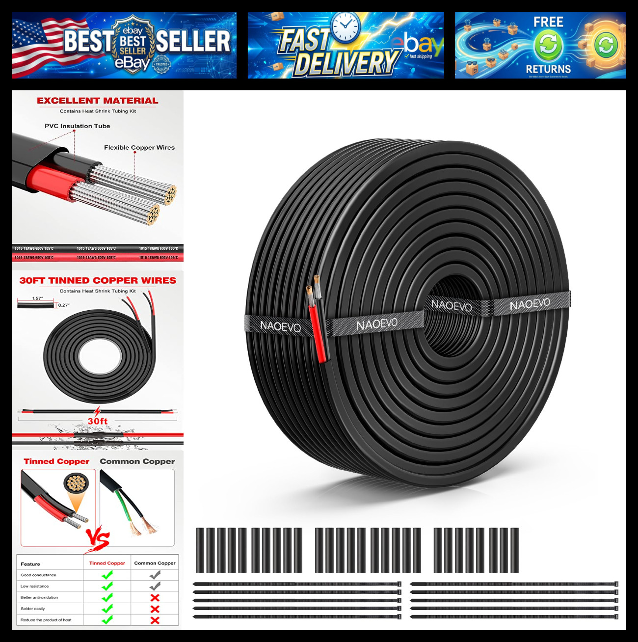 NAOEVO 18 Gauge Wire 2 Conductor, 18 Gauge Automotive Wire 12V Cable, 30FT