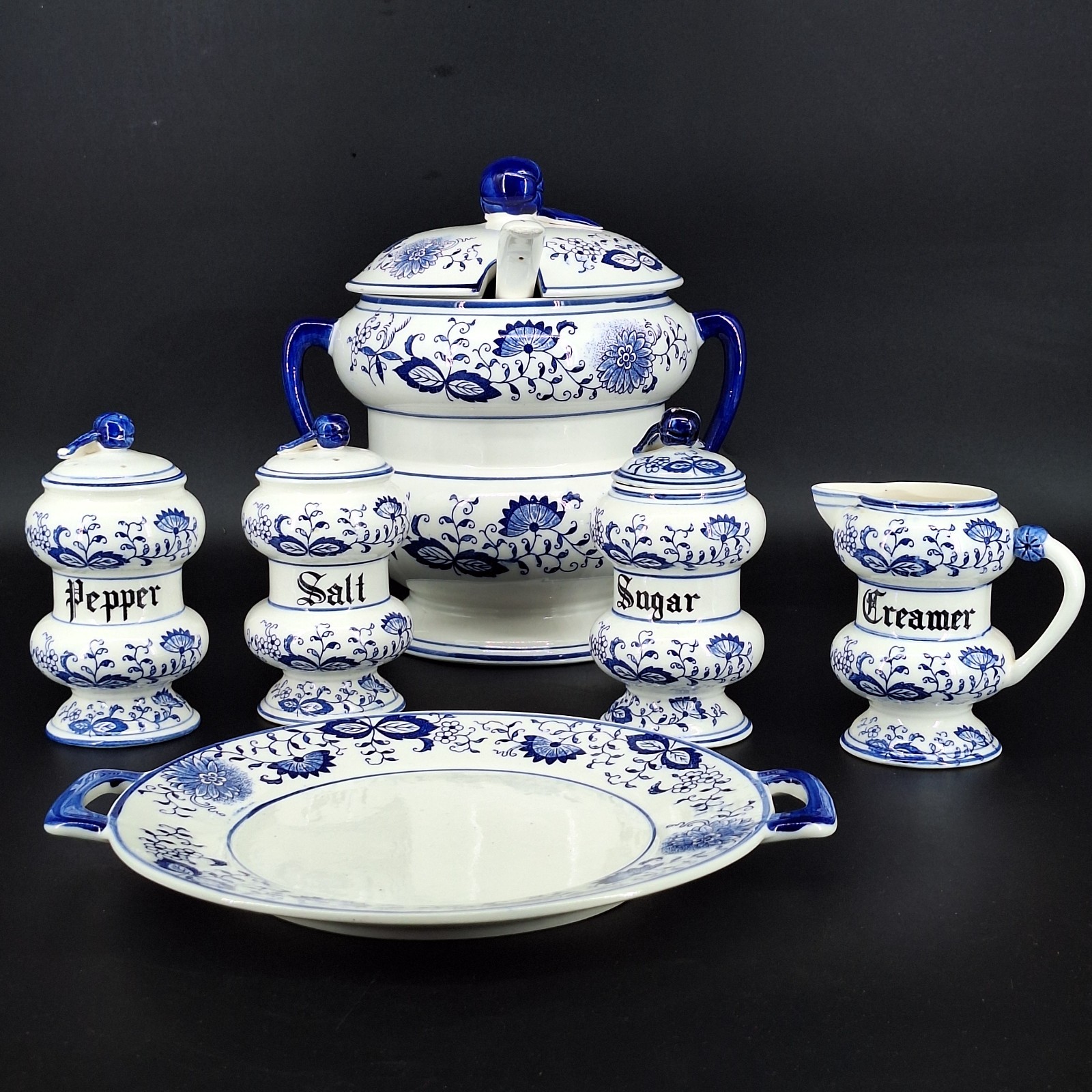 Arnart Japan Blue Onion Kitchen Set Tureen Spoon Shakers Creamer & Sugar Plate