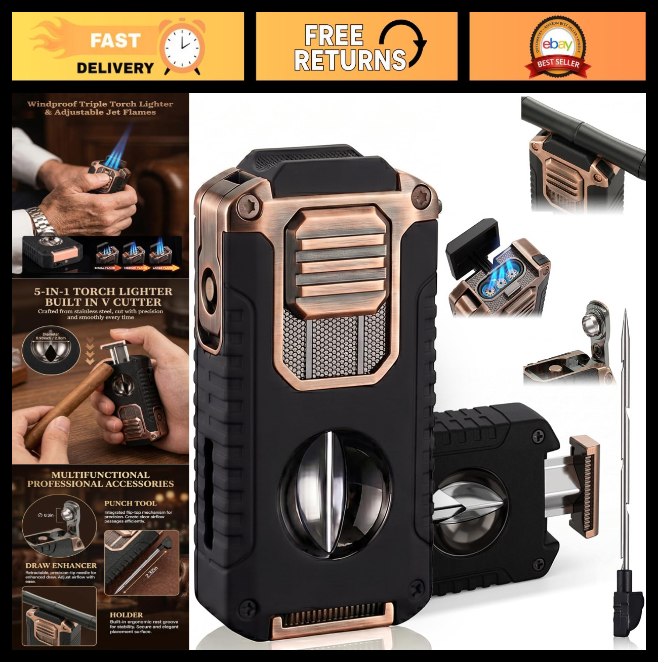 5-in-1 Butane Torch Lighter, Triple Jet Flame, Windproof, Refillable, Visible Fu