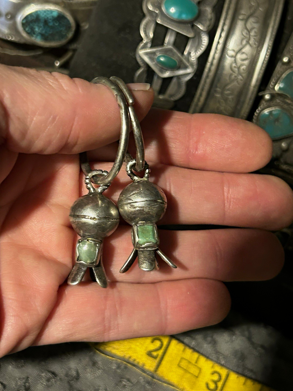 1900S NAVAJO SILVER & GREEN TURQ OLD PAWN SQUASH BLOSSOM HOOP EARRINGS 