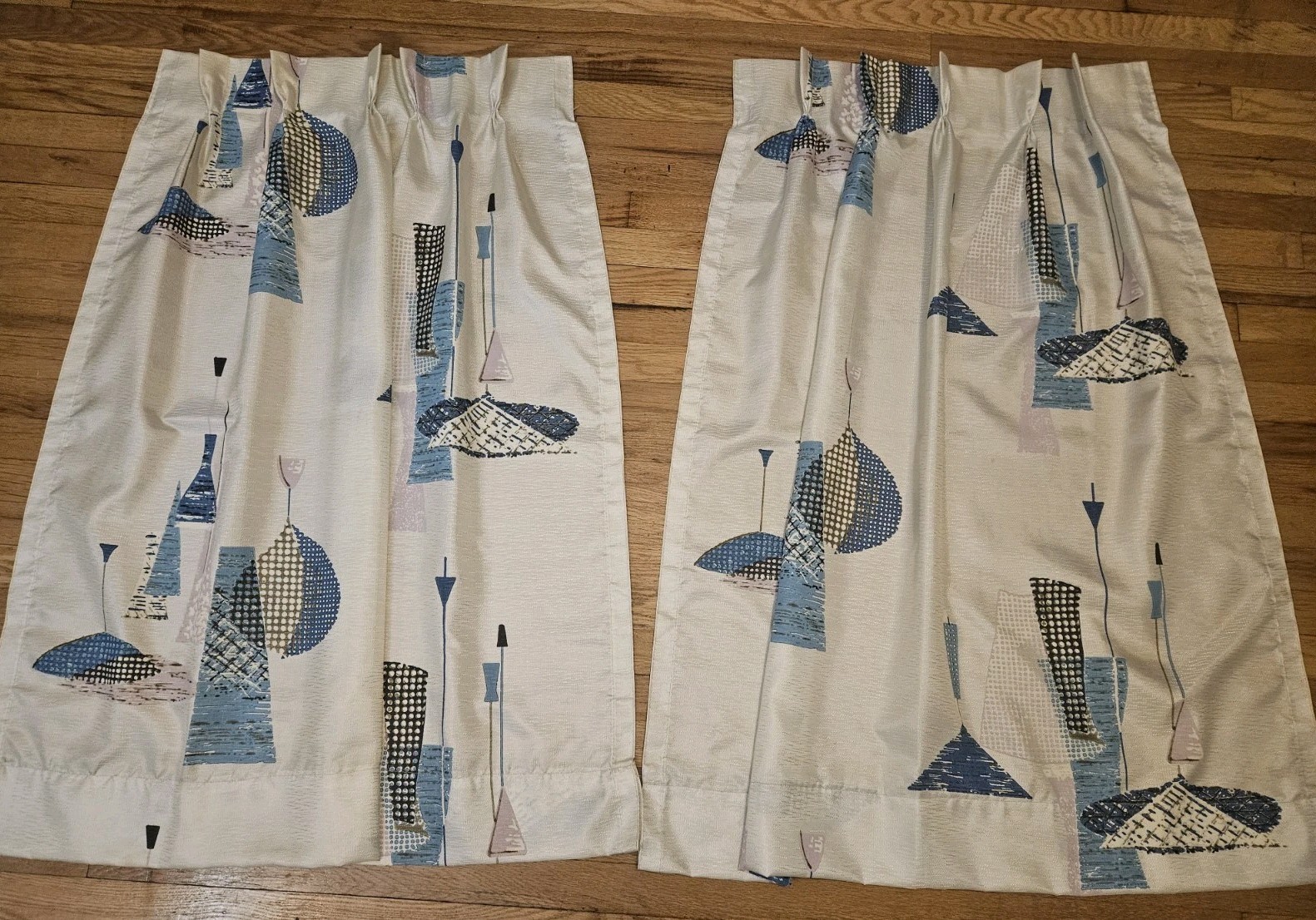 Pair Vintage 1950s 60s MCM Atomic Fiberglass Lamp Print Curtain Panels 45