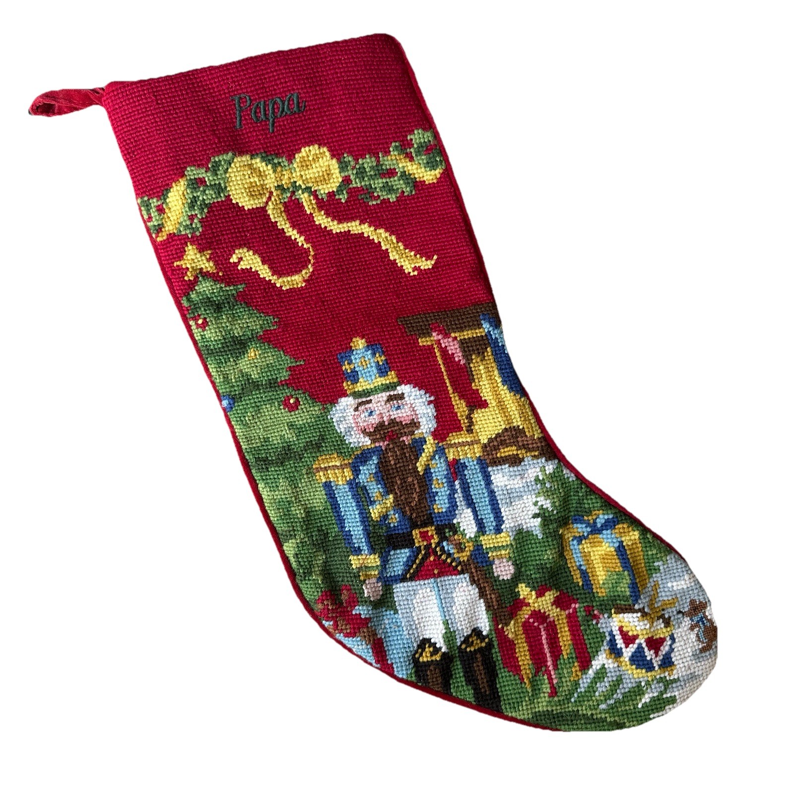 VTG Lands End Needlepoint Christmas Stocking 18 in Nutcracker Santa Wool Velvet