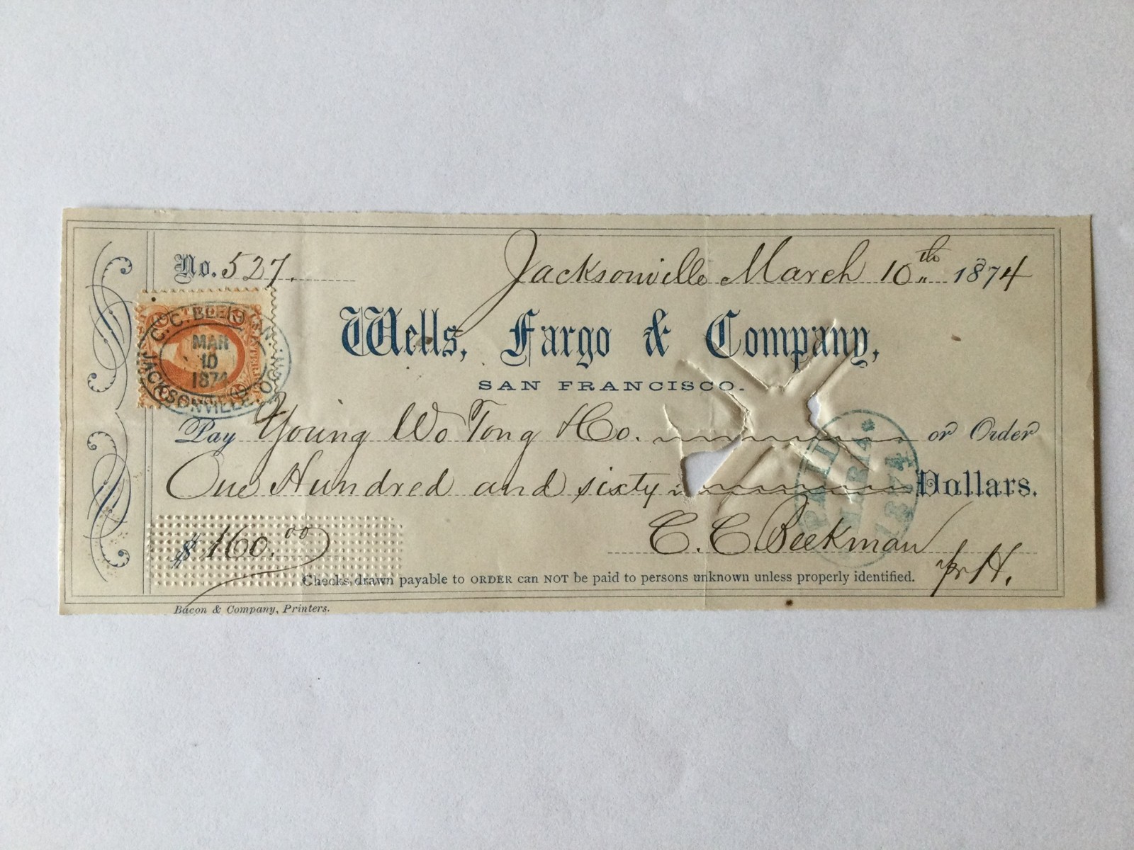 Rare 1874 Hoffman For Beekman Signed Wells Fargo Check Jacksonville Oregon