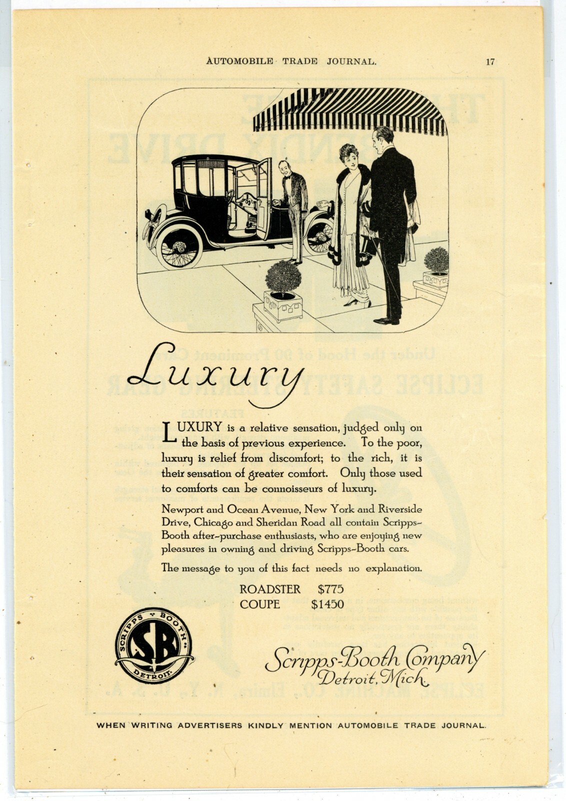 1916 Scripps Booth Co. Ad: Roadster & Coupe - LUXURY - Detroit, Michigan