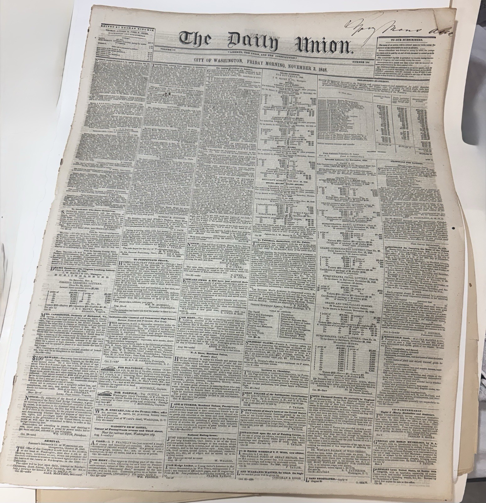 1848 The Daily Union Washington DC Original Antique Newspaper Pre-Civil War