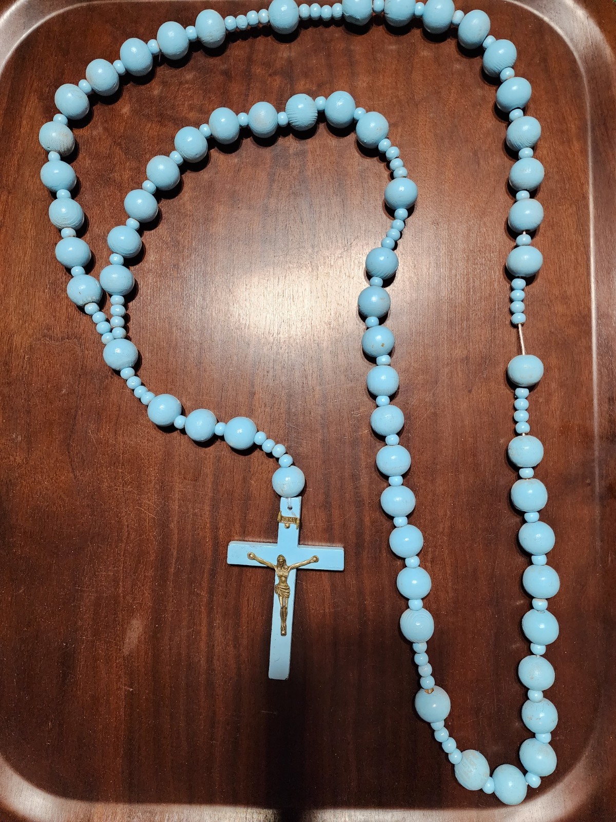 Vintage French Wood Bead Wall Rosary Crucifix 40 Inch Catholic Cross INRI Large