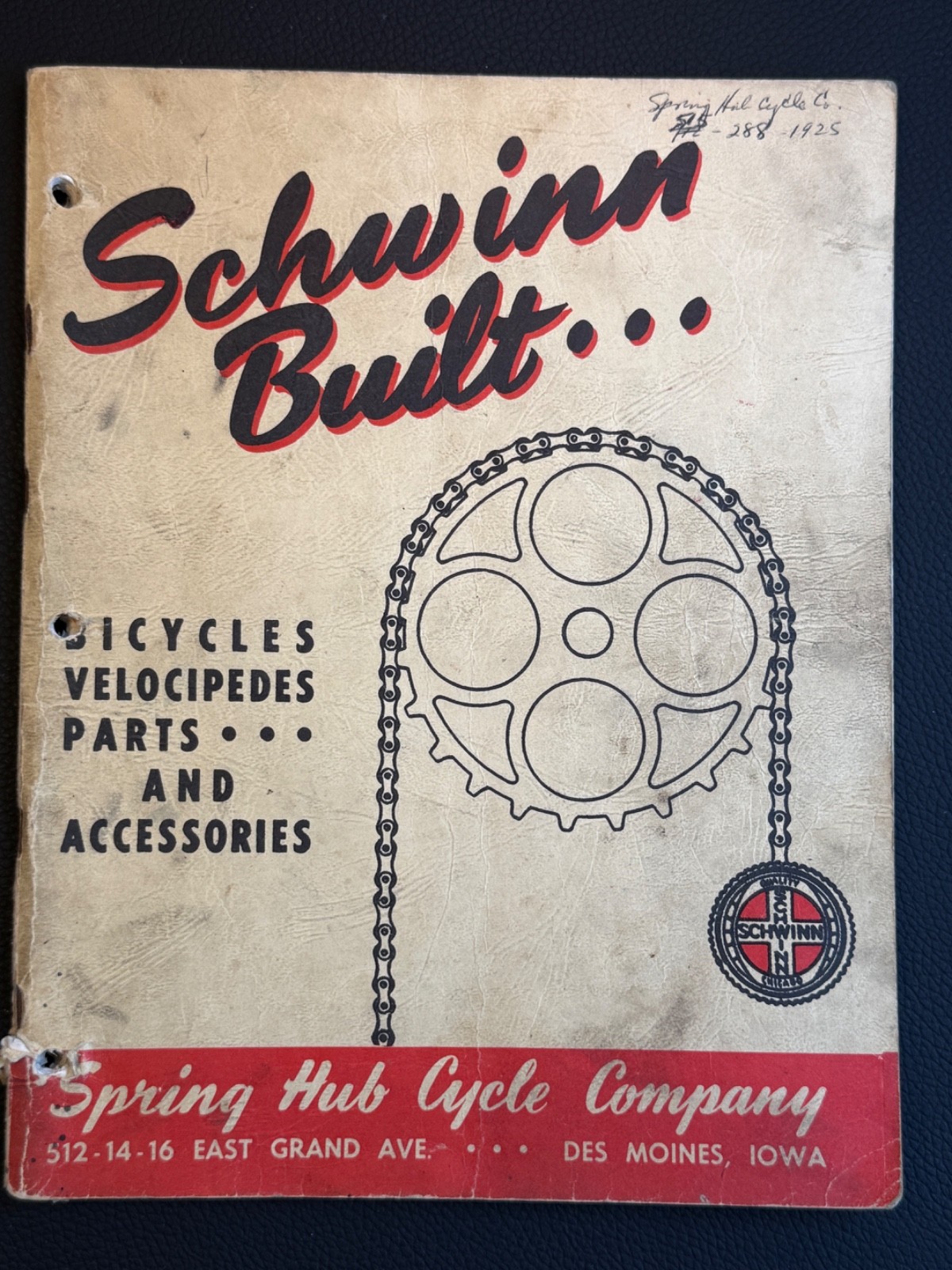 1957  Schwinn Built Dealer Catalog  ... Spring Hub Cycle Co., Des Moines, IA
