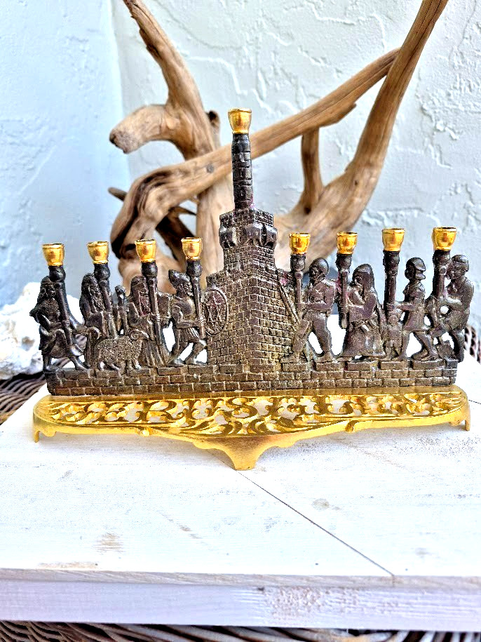 Vintage Judaica Biblical Zionist Rare Hanukkah Menorah Lamp Maccabees Israel/EUC