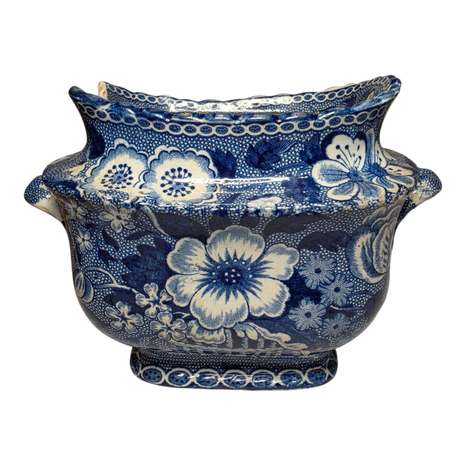 Broken Antique Blue Transfer Stone China Sauce Tureen English Staffordshire