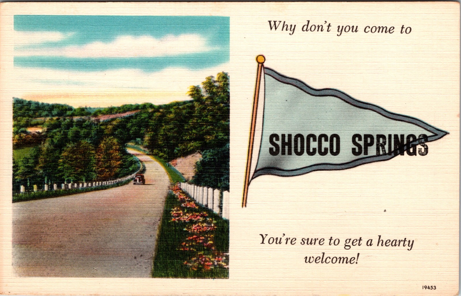 Come To Shocco Springs Alabama sure to get a Hearty Welcome Linen Post Card