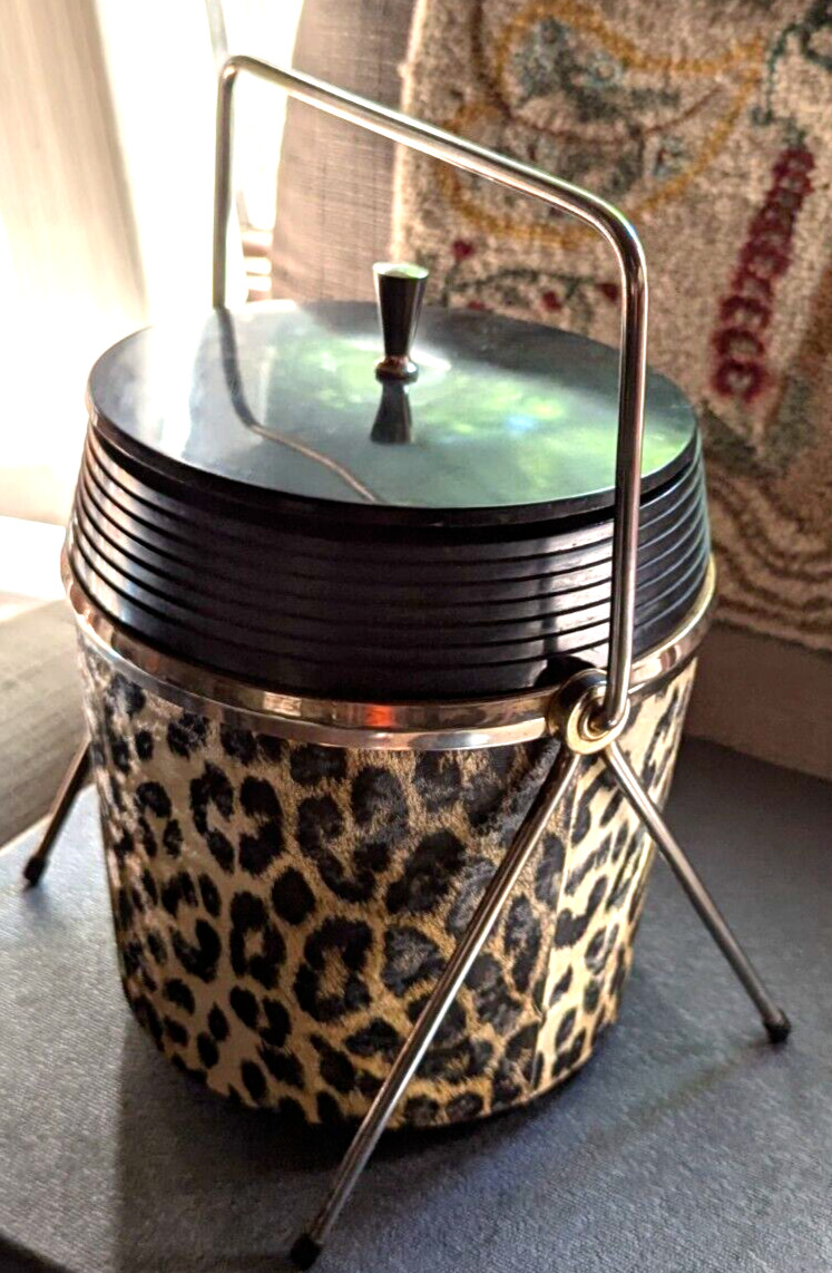 Vintage Leopard Skin Pattern Mid Century Modern Ice Bucket w/Lid & Stand
