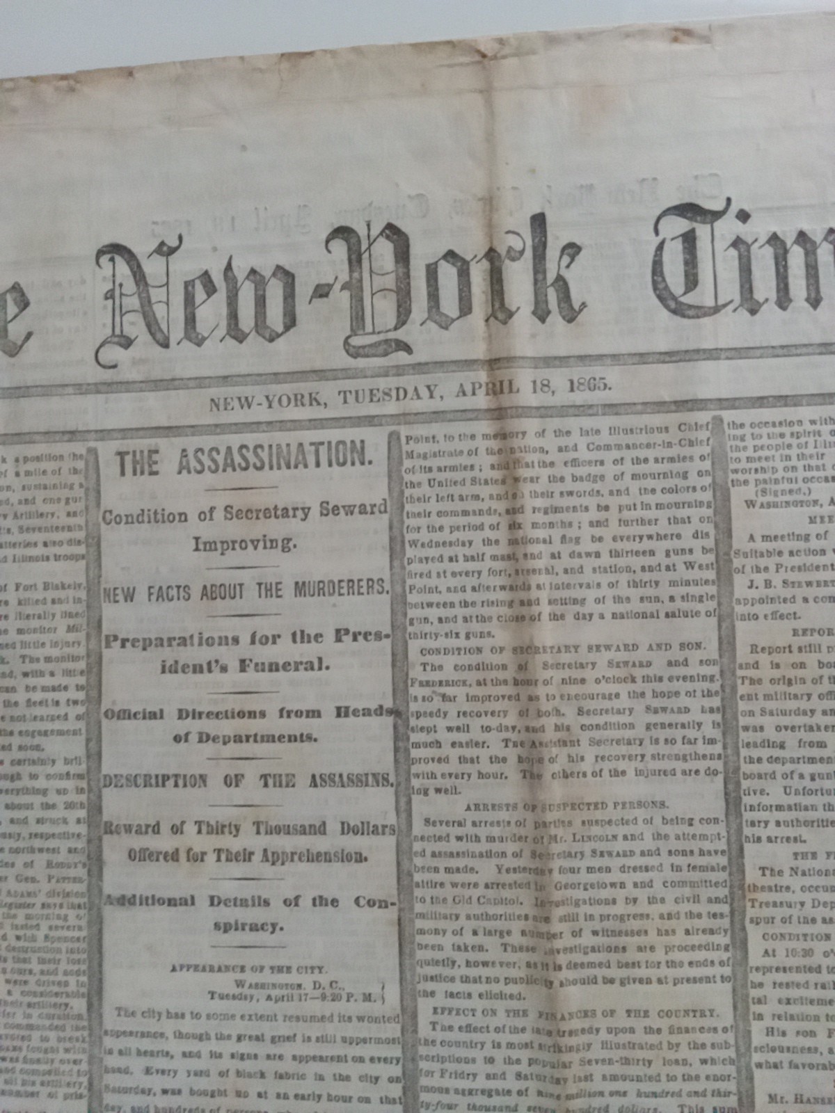 April 18, 1865 - President Lincoln Assassination - New York Times Newspaper