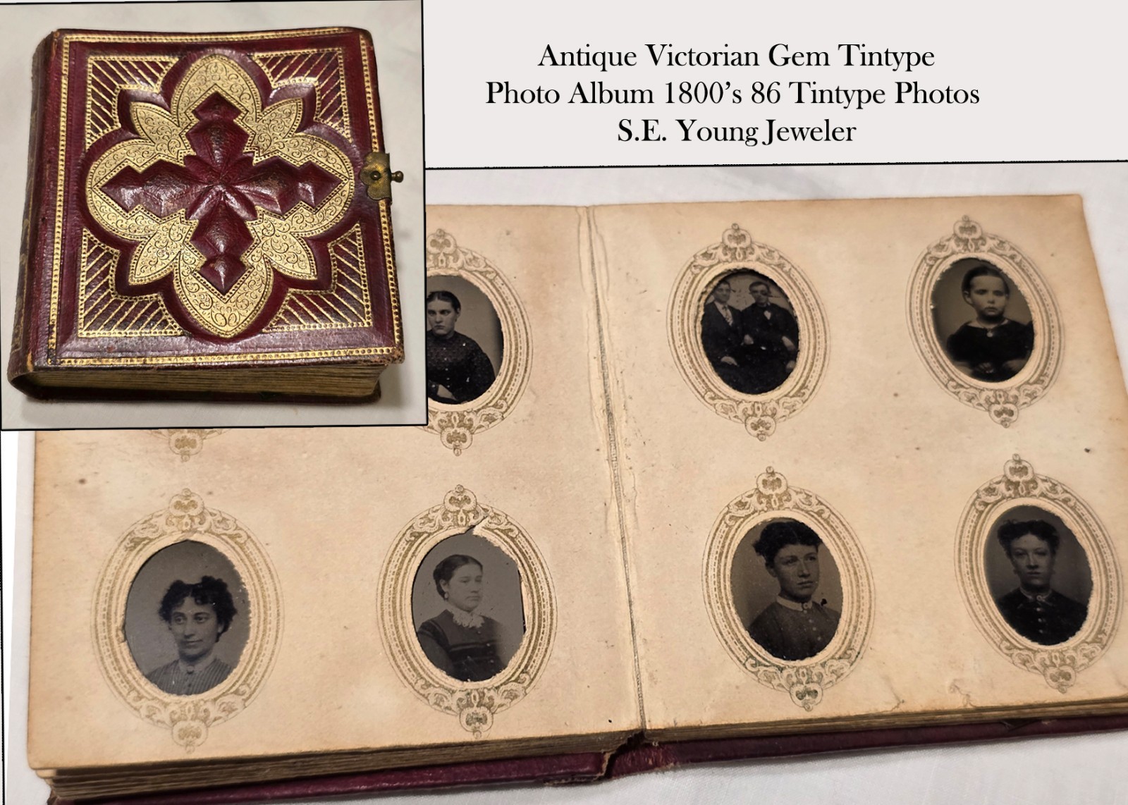 Antique Gem Tintype Photo Album 1800\'s S.E. Young Jewelers 86 Tintypes No Clasp
