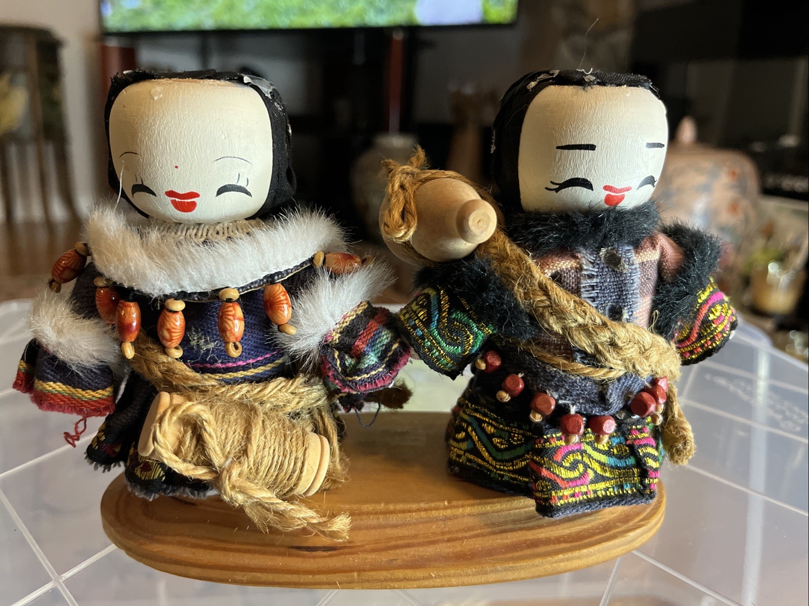 Vintage Kunming Yunnan Folk Art Women Carrying Vessels Wood Fabric 7”