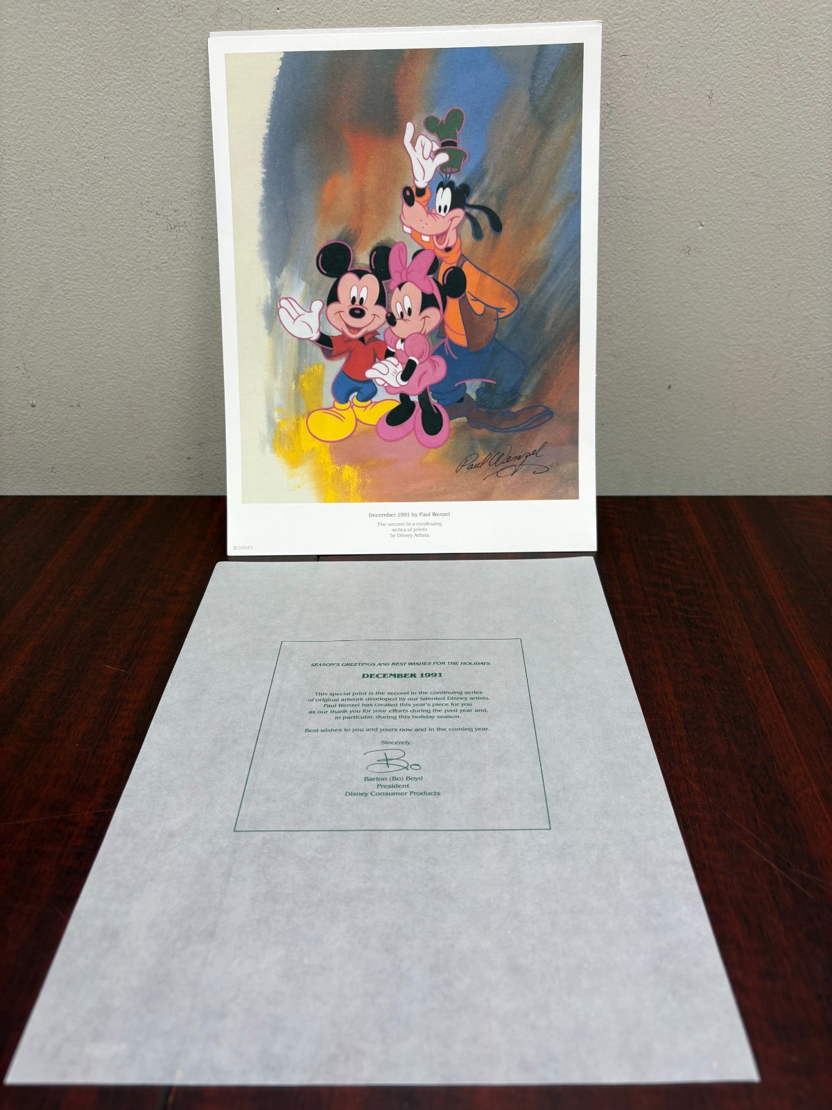 1991 Disney Cast Print Paul Wenzel Mickey Minnie Goofy W/ Bo Boyd Letter