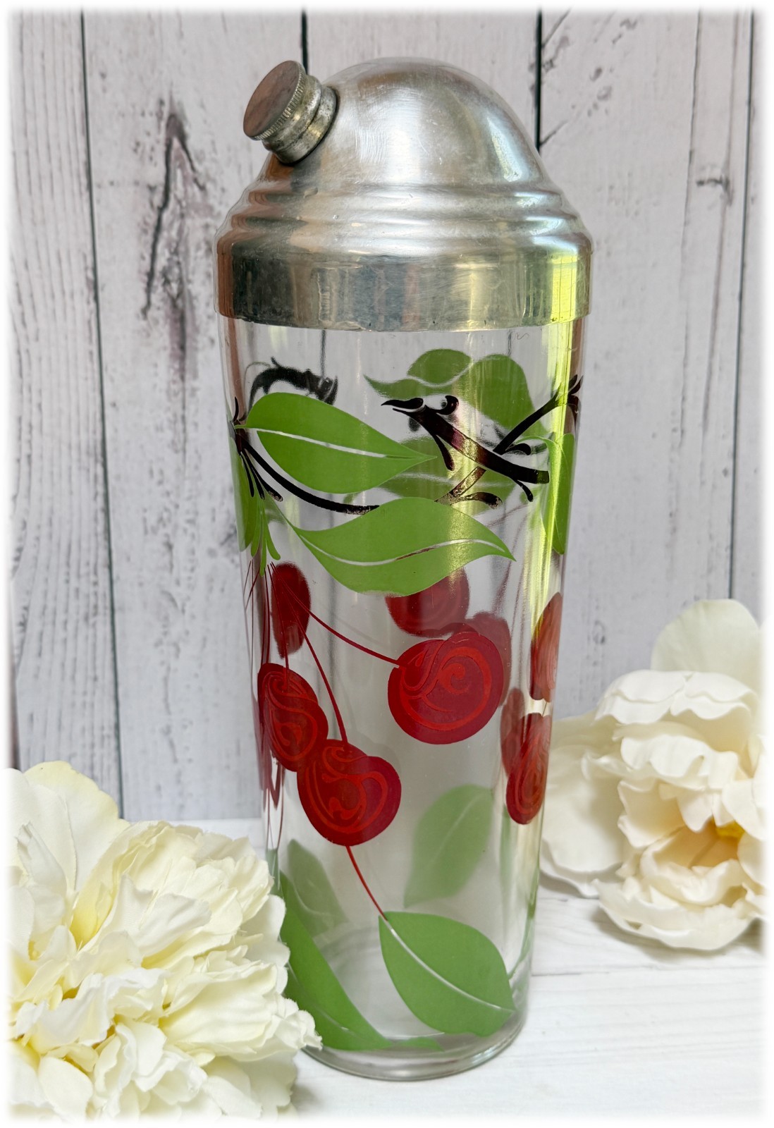 Vintage Hazel Atlas Cherries Cocktail Shaker 10.5x3.65” Heavy Glass Ultra RARE