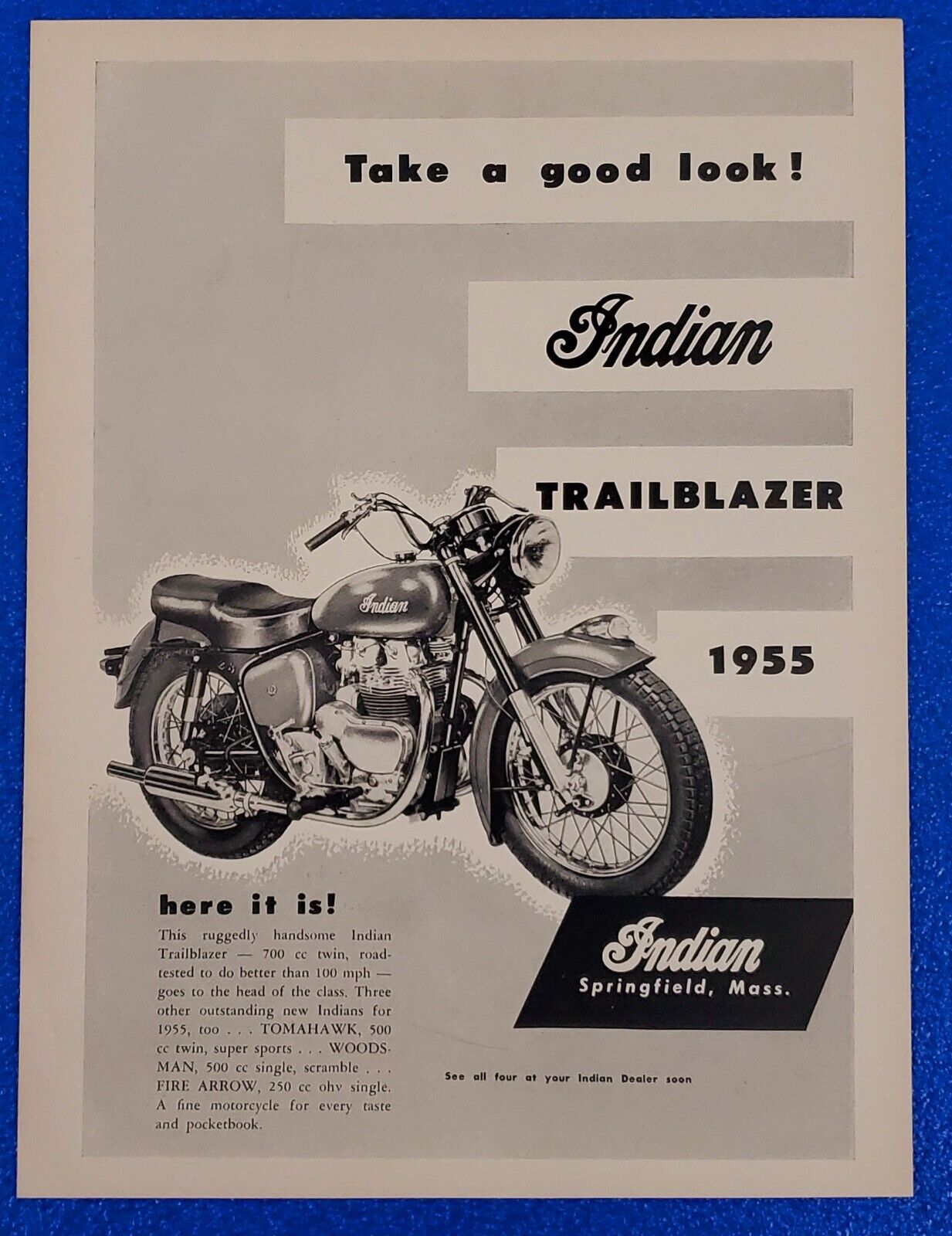 1955 VINTAGE INDIAN TRAILBLAZER MOTORCYCLE ORIGINAL PRINT AD CLASSIC 1950s ICON