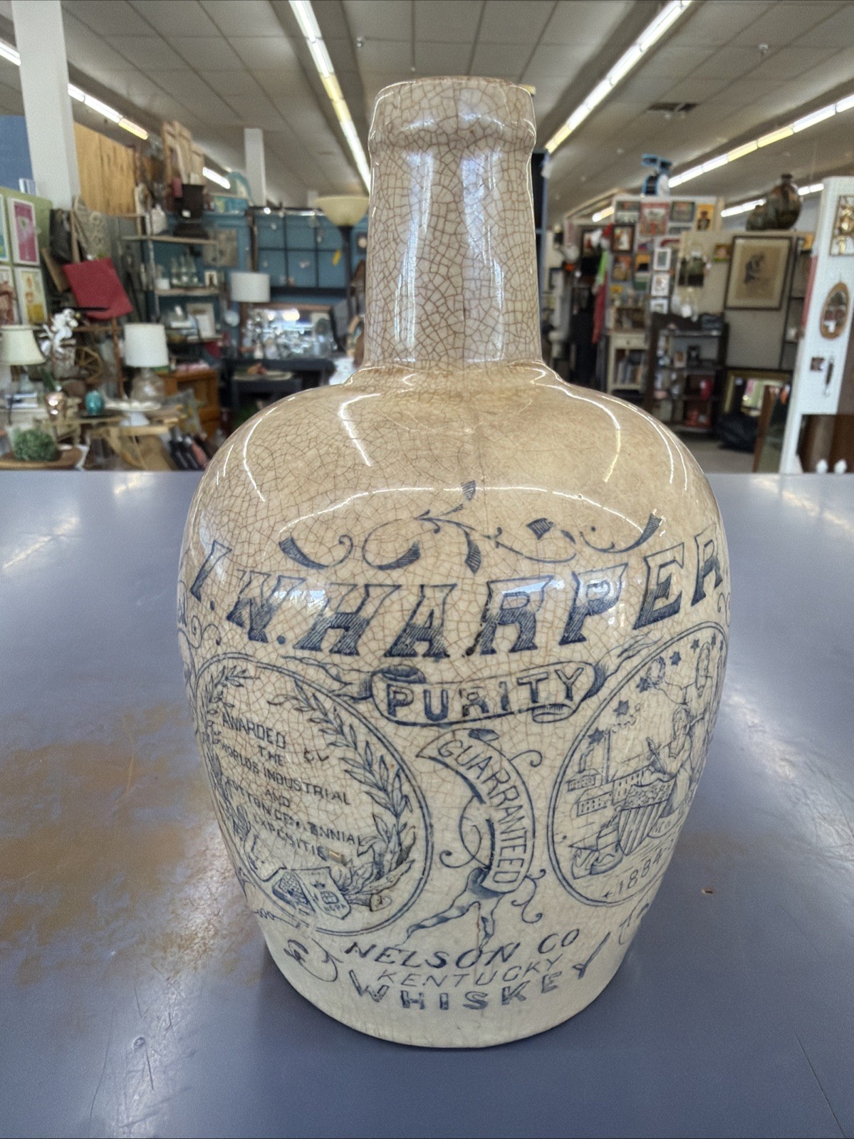 Rare Antique Harper Whiskey Jug Nelson County Kentucky New Orleans Blue White