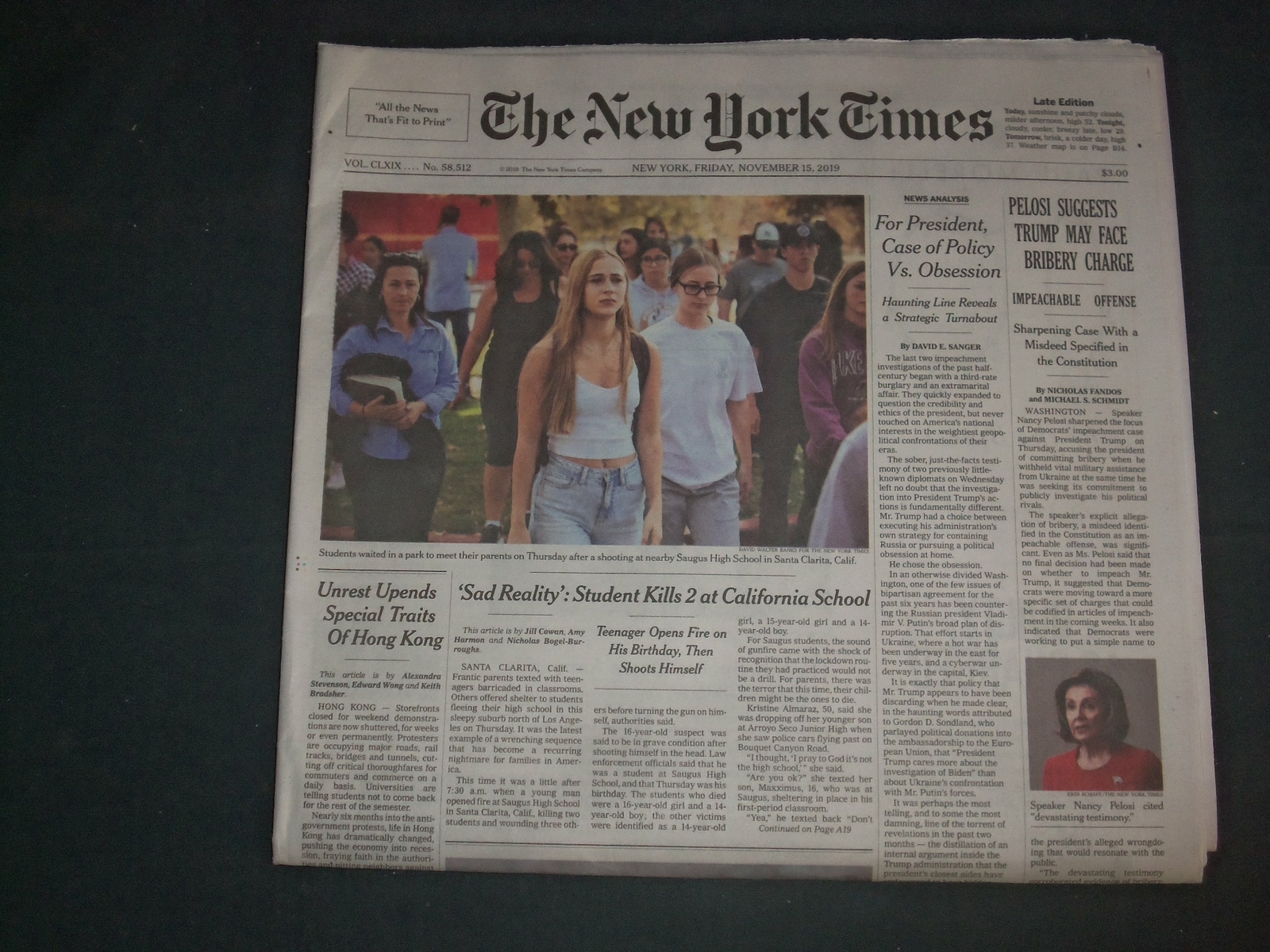 2019 NOVEMBER 15 NEW YORK TIMES - 2 KILLED AT SAUGUS HIGH SCHOOL SHOOTING