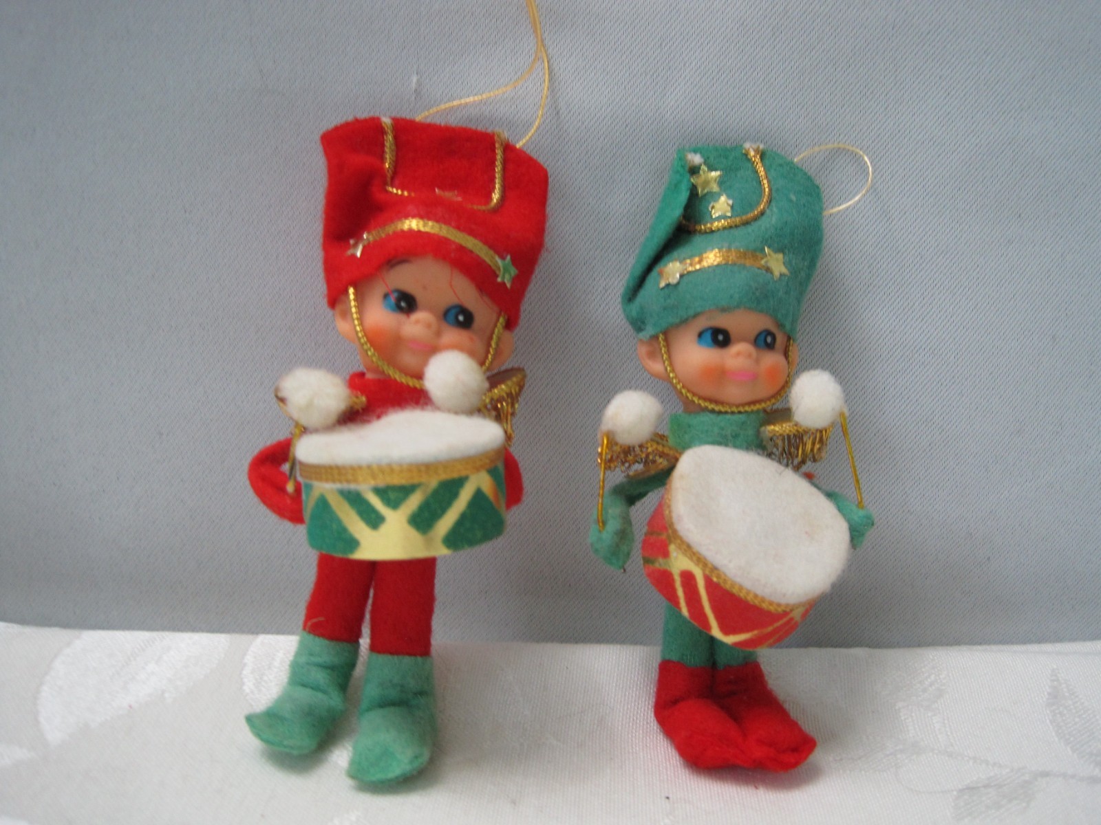 Vintage Christmas Ornaments Felt Pixie Elf Drummer Japan Lot of 2 red & green