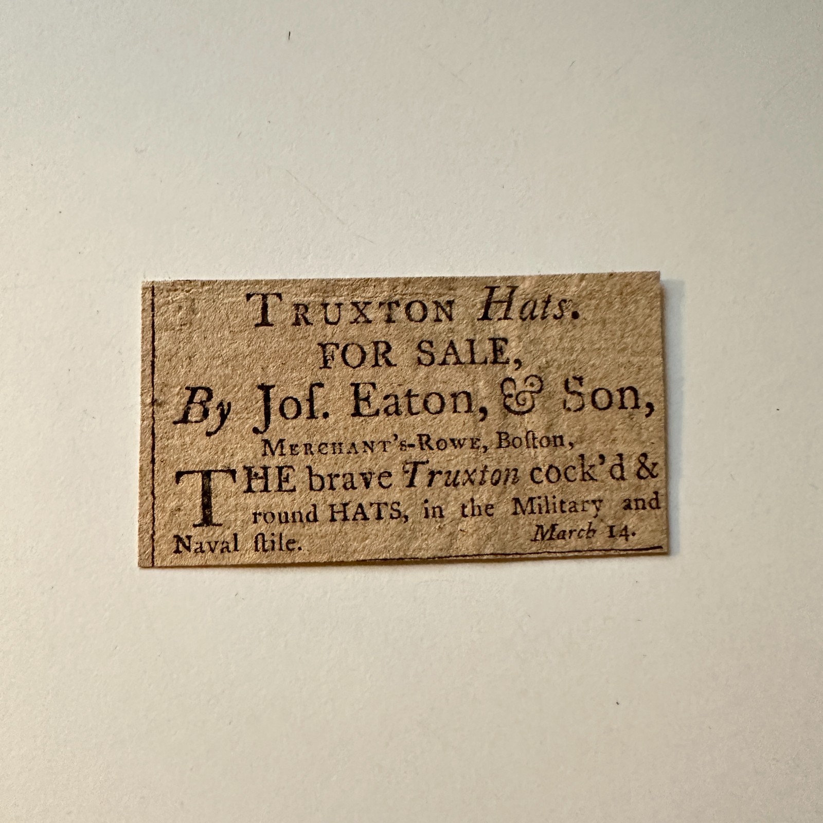 Truxton Hats Sale Jos Eaton & Son Merchant\'s Rowe Boston 1799 Clipping 5AK9-S8