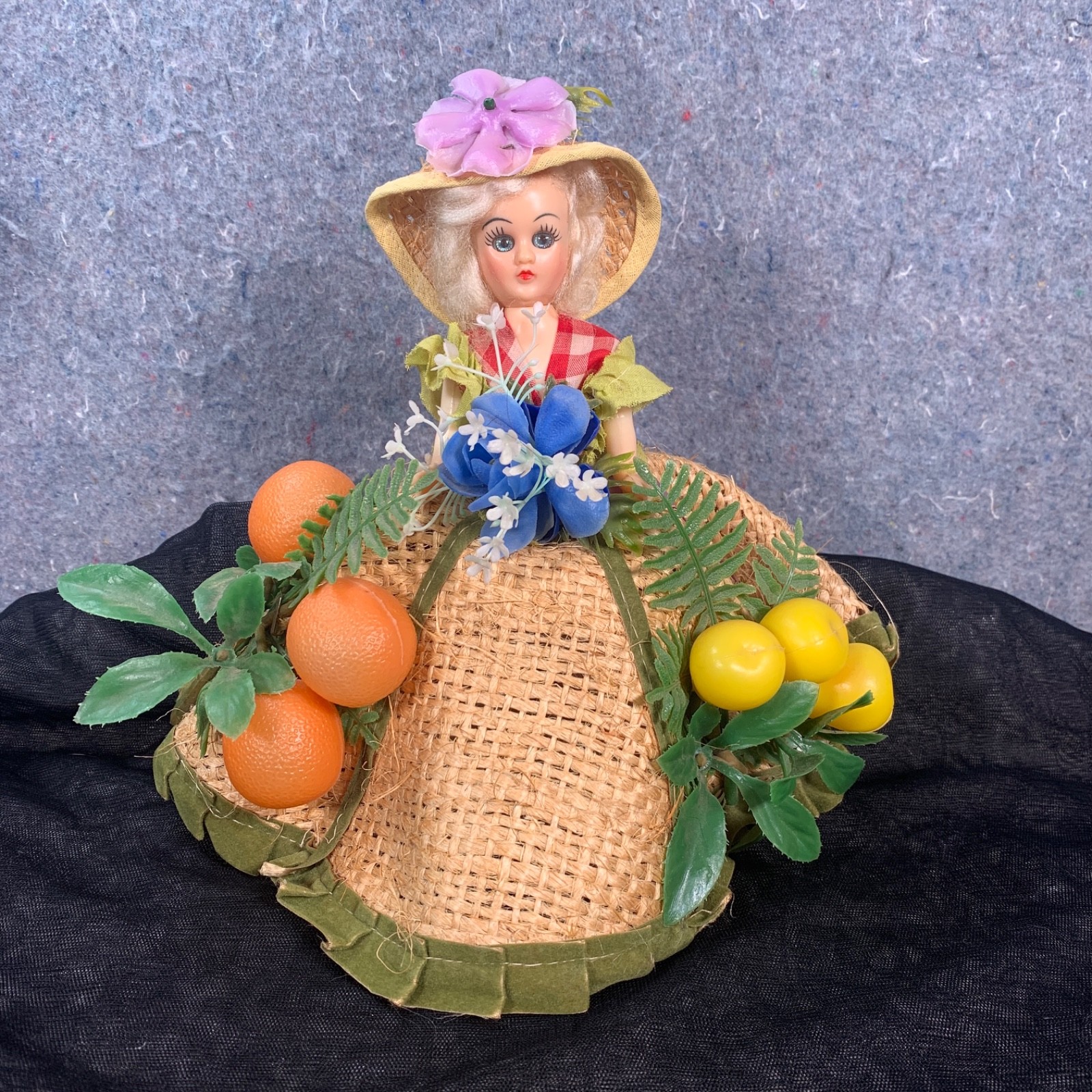 Vintage Florida Souvenir Doll Plastic Flowers Orange Pear Fruit Blue Sleep Eyes Vintage Florida Souvenir Doll Plastic Flowers Orange Pear Fruit Blue Sleep Eyes