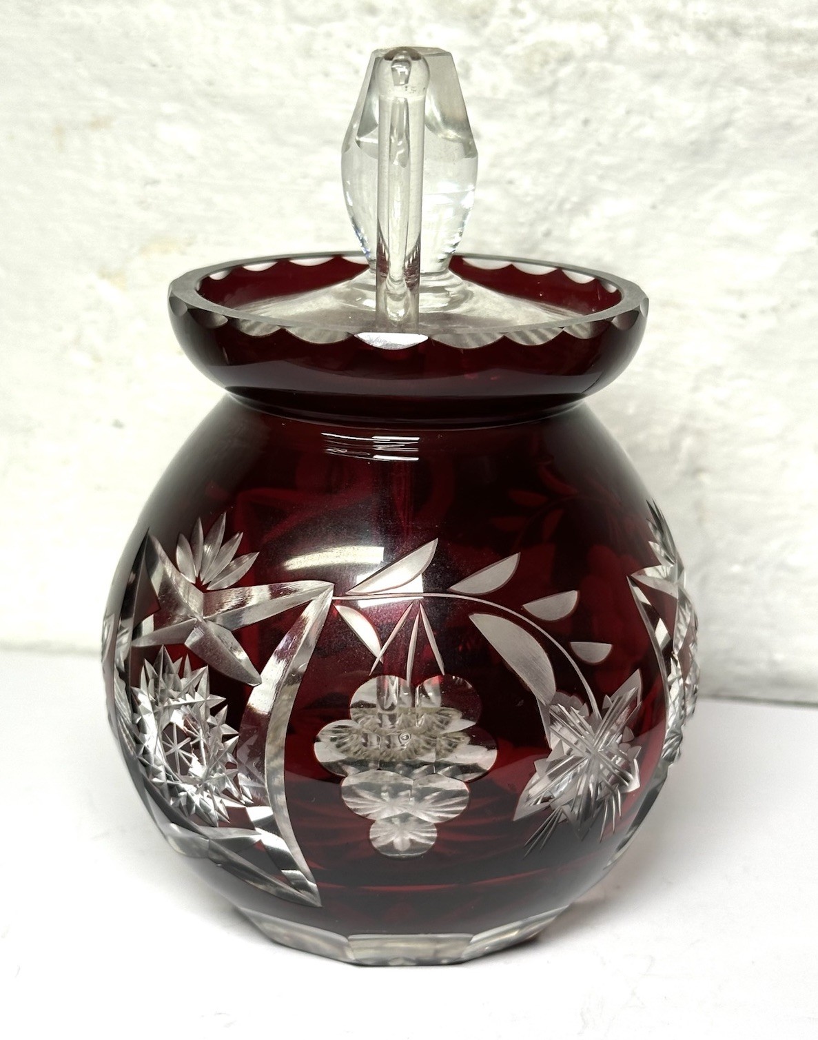 RARE Antique Art Deco Bohemian Cranberry Cut Crystal Sugar Bowl W/ Lid & Spoon