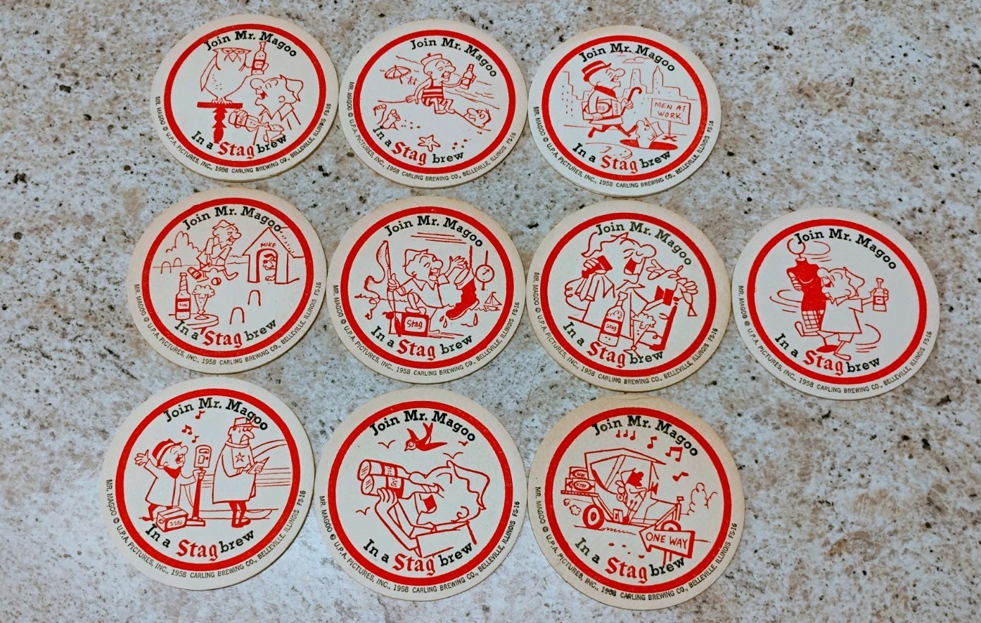 Vintage 1958 Stag Beer Mr. Magoo Beer Coasters lot of 10