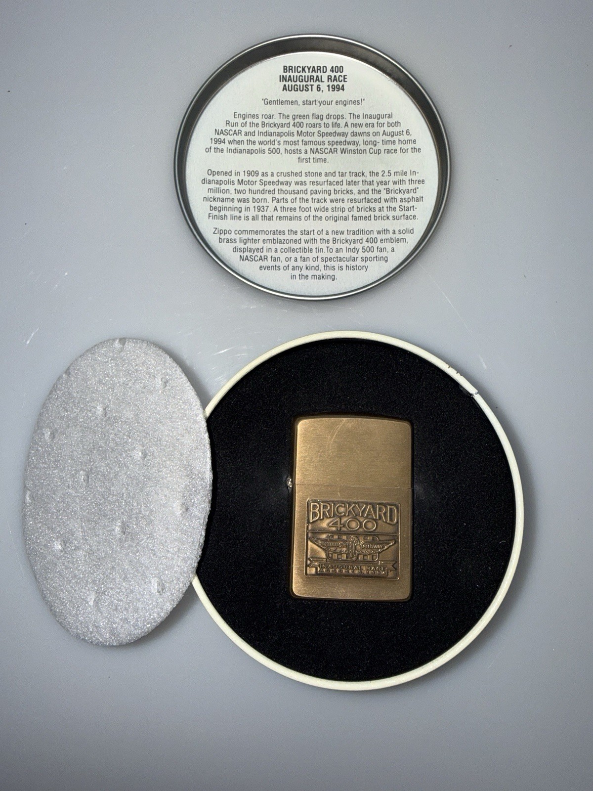 Vintage NOS Zippo Cigarette Lighter Brass Inaugural Brickyard 400 Dated C X