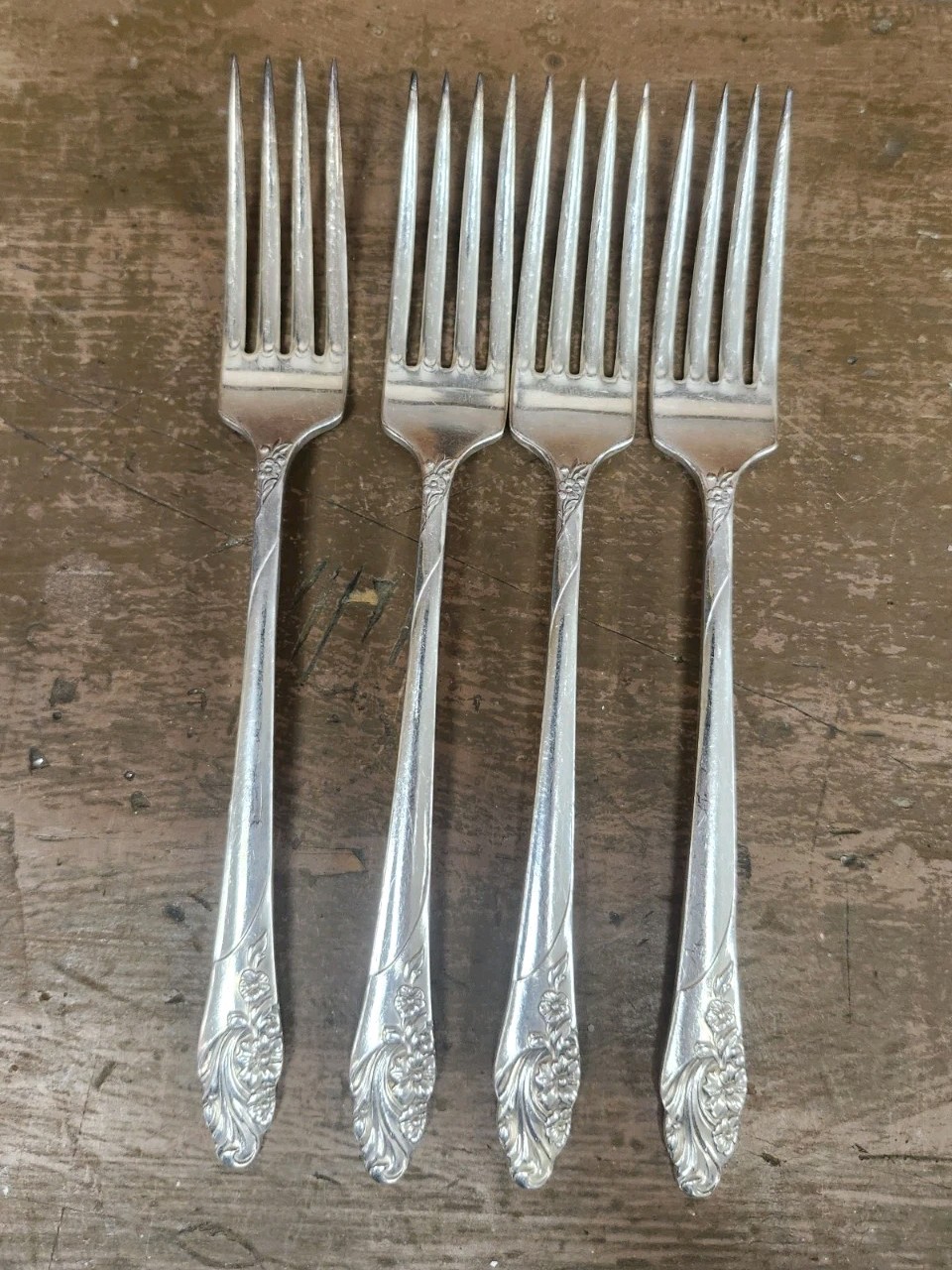 4 Oneida Community EVENING STAR Silver Plate Flatware Dinner Forks 1950s MCM 