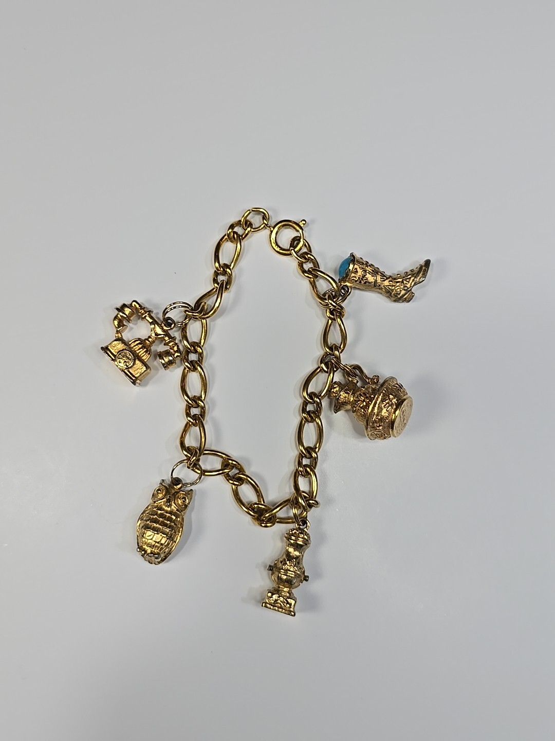 Avon Bracelet 6 Gold Color Charms Telephone Owl Boot Wash Basin Coffee Grinder