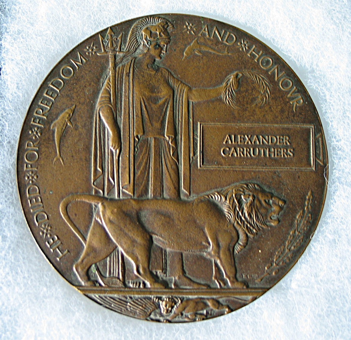 WWI British Memorial Death Plaque Penny Alexander Carruthers Bronze Table Medal