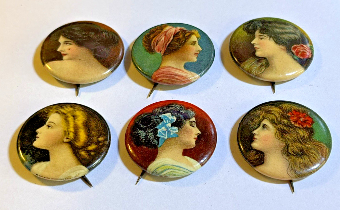 Antique 1900s Whitehead & Hoag Celluloid Lady Portrait Pinback Buttons Lot of 6