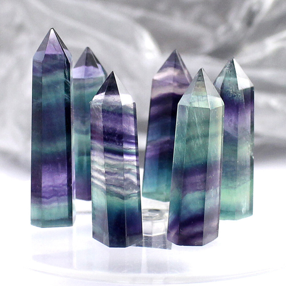 10PCS Rare Natural Rock Fluorite Quartz Crystal Stone Point Healing Wand Obelisk
