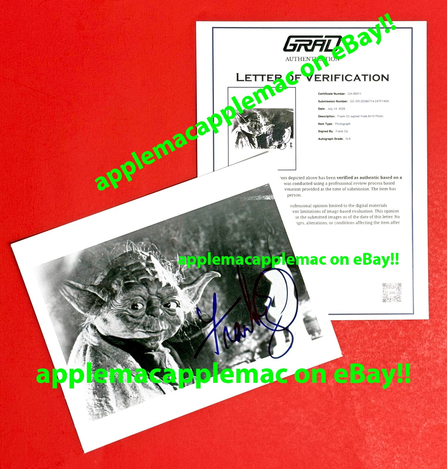 FRANK OZ SIGNED STAR WARS YODA 8x10 PHOTO WITH GRAD AUTHENTICATION CERTIFICATE