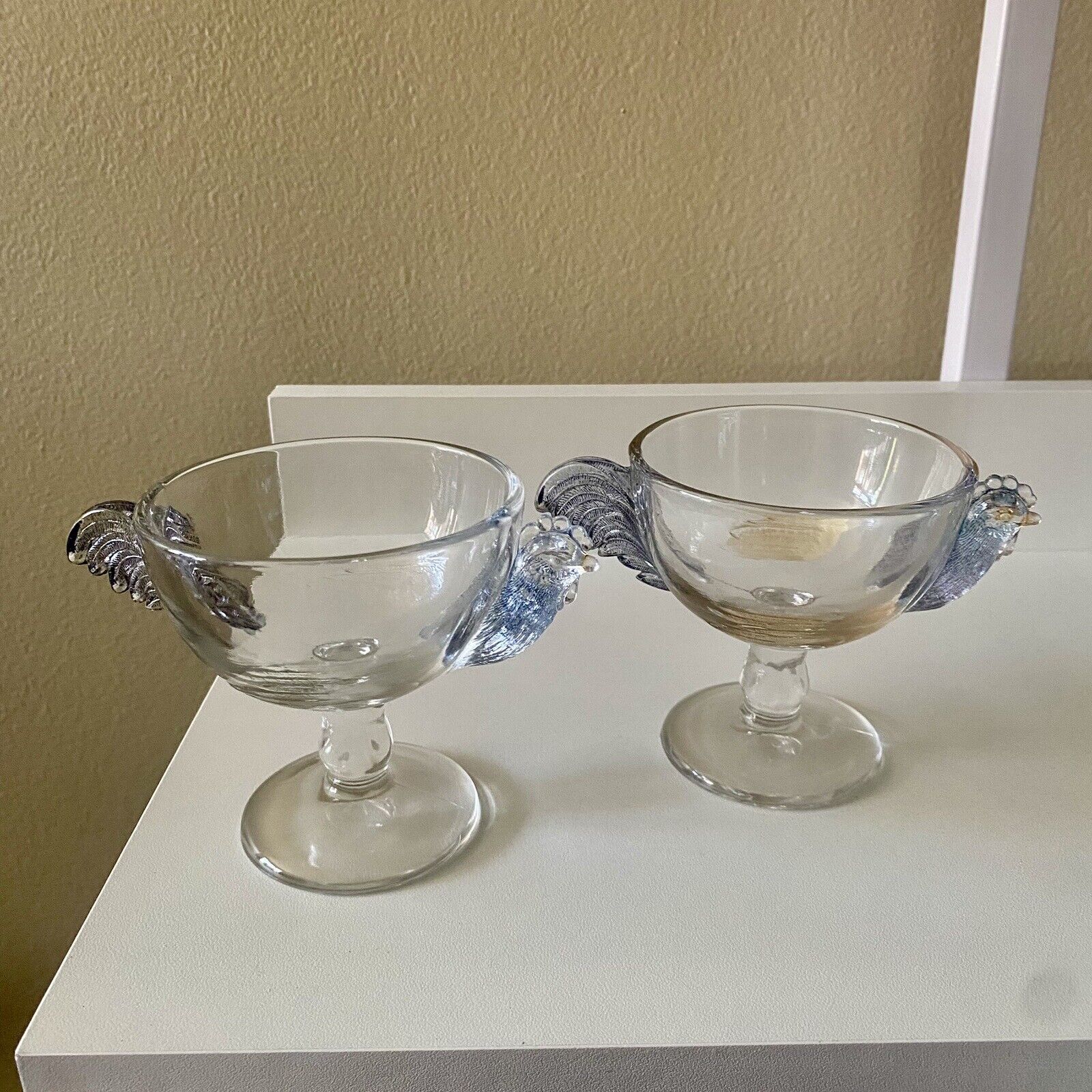 Vintage Clear Glass Dessert Cups With Colored Chicken Head, Tail, Wings Set Of 2