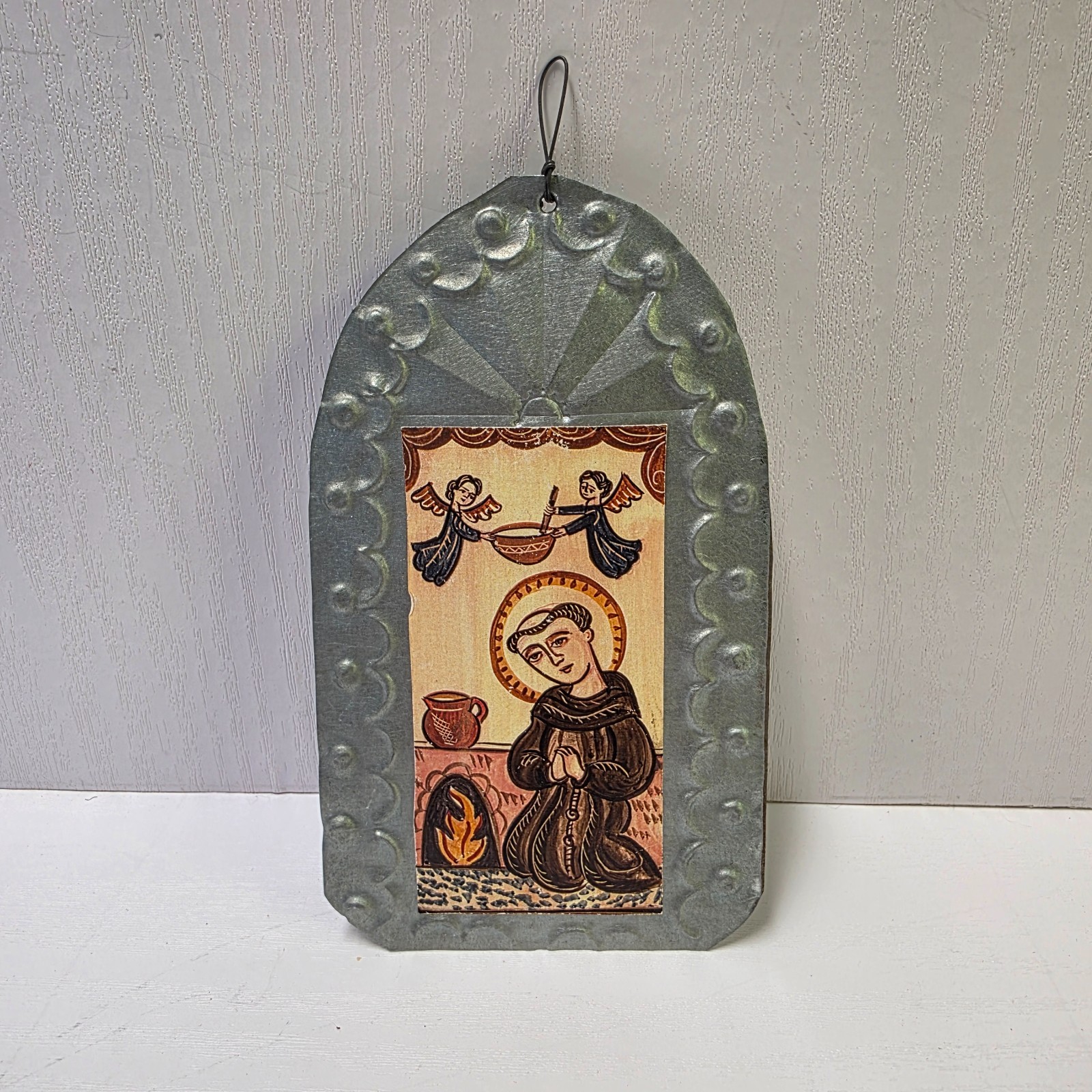 Vtg San Pascual Retablo Tin Wall Plaque Madrid New Mexico Folk Art Print 3x5
