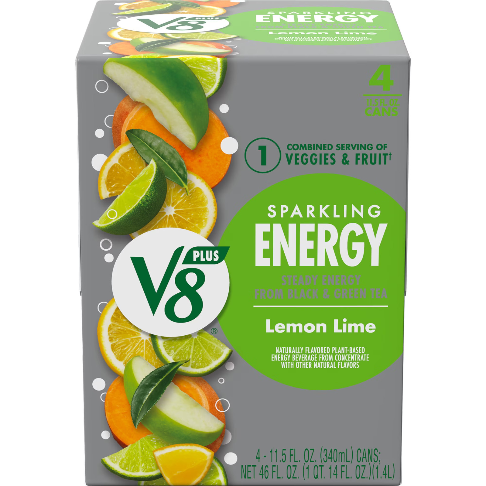 V8 +Energy Sparkling Lemon Lime Juice Energy Drink, 11.5 fl oz Can, 4 Count