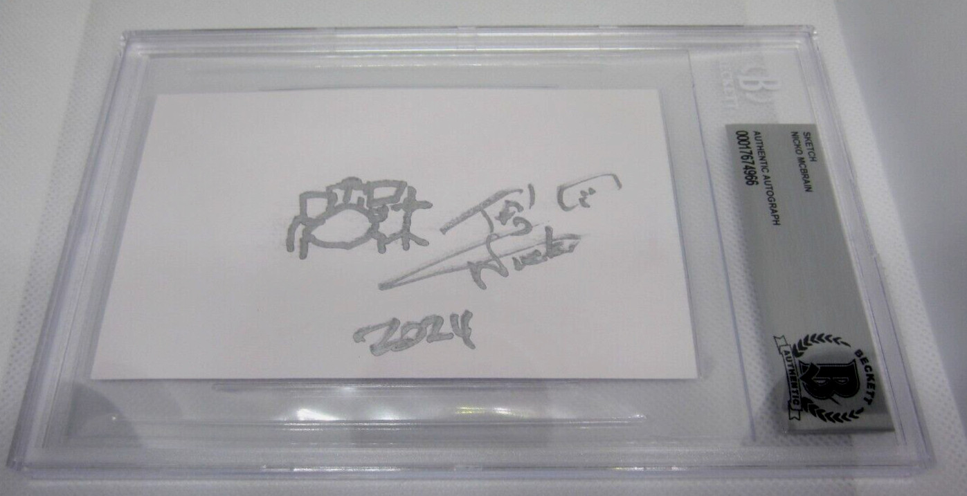 Nicko McBrain Iron Maiden drummer signed autographed sketch 3x5 card BAS Beckett