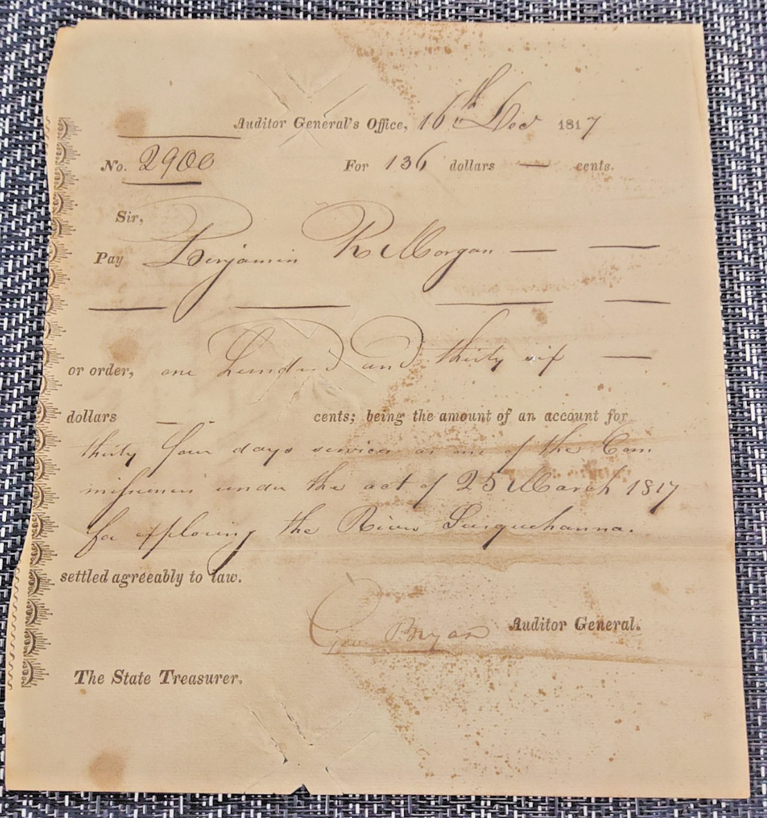 1817 Antique PA Auditor General Voucher Susquehanna River Exploration Document.