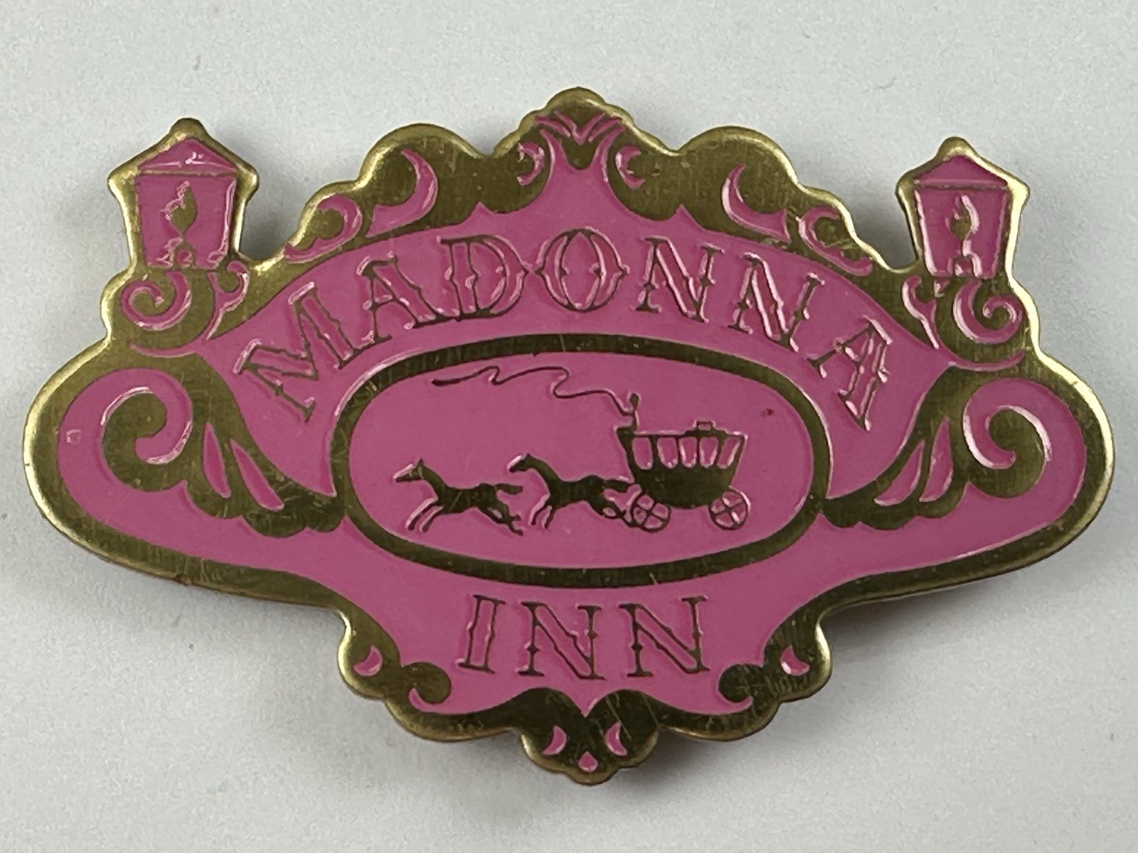 Madonna Inn San Luis Obispo CA Bright Pink & Gold Stagecoach Metal MAGNET