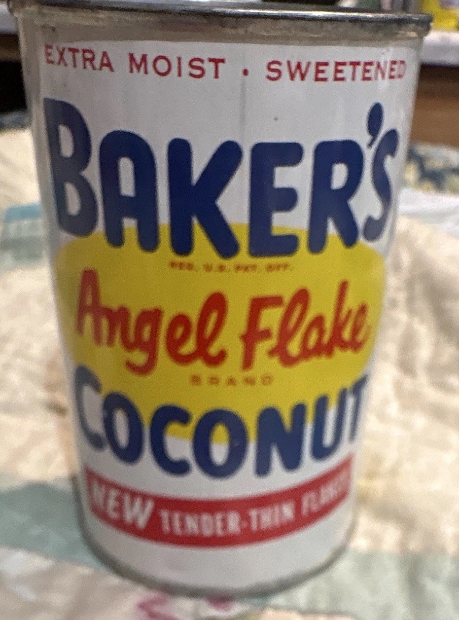 Baker's Vintage Advertising Can Angel Flake Coconut Sweetened unopened 1950’s
