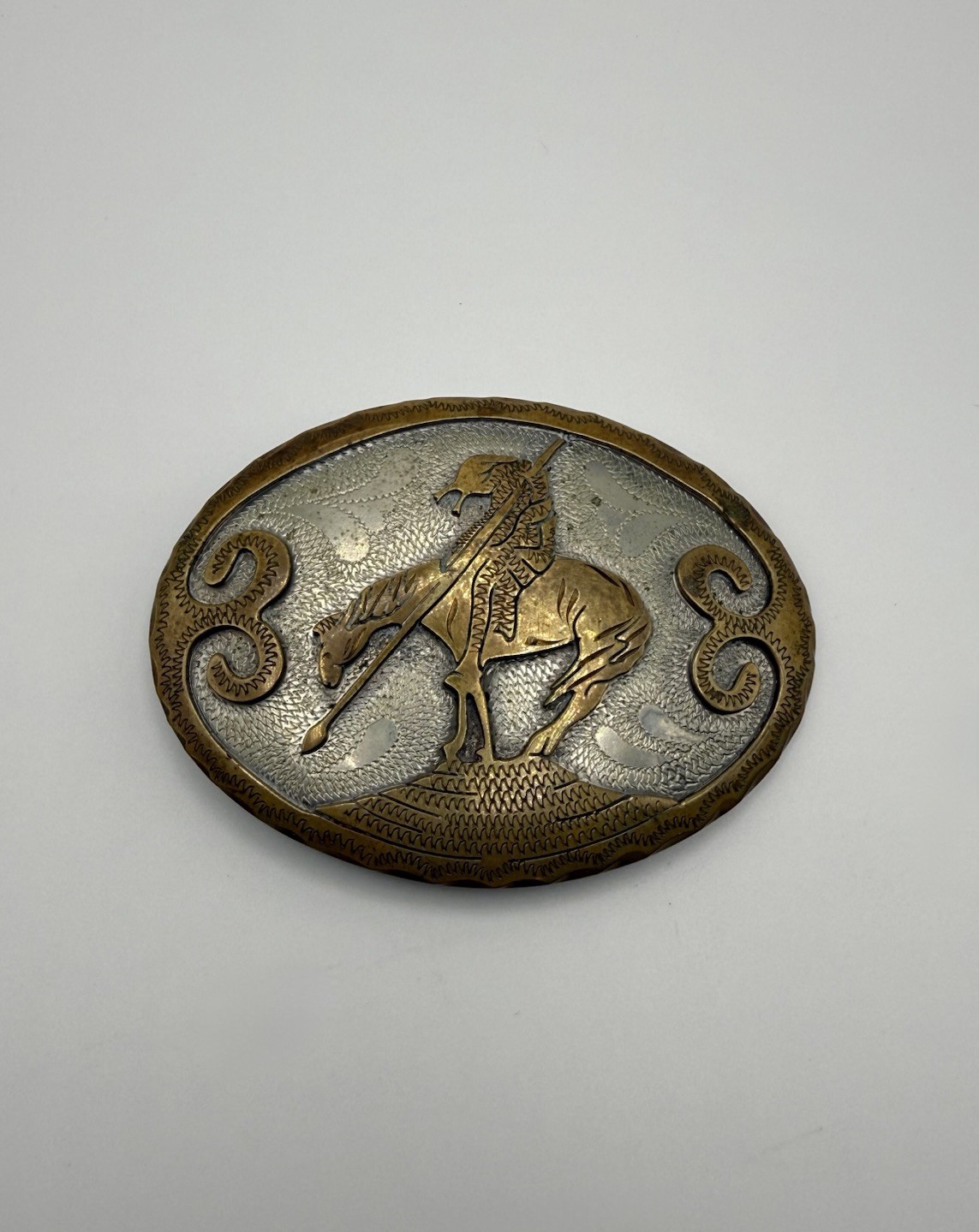 VTG ‘End of the Trail’ Belt Buckle Native American Horse Two Tone Brass Western