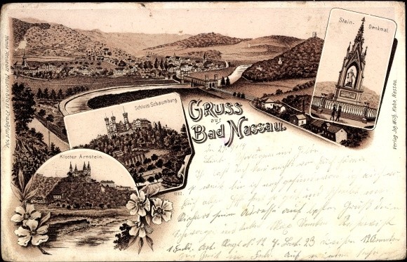 Litho Bad Nassau an der Lahn, panorama, stone monument, castle... - 3999663