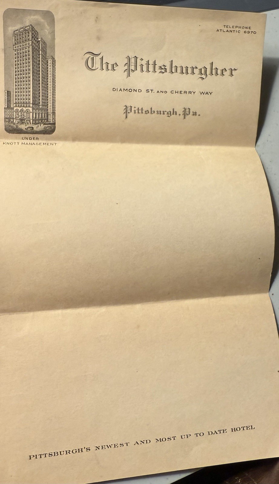 VINTAGE 1928 THE PITTSBURGHER HOTEL UNUSED LETTERHEAD PITTSBURGH PA G