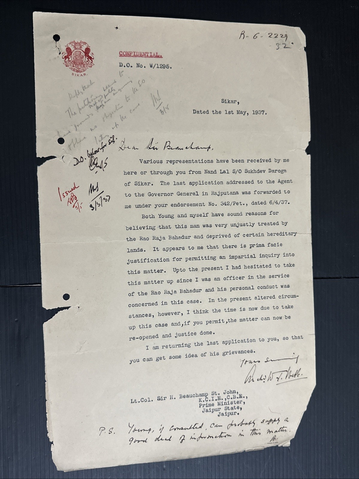 India 1937 Sikar State crested letter