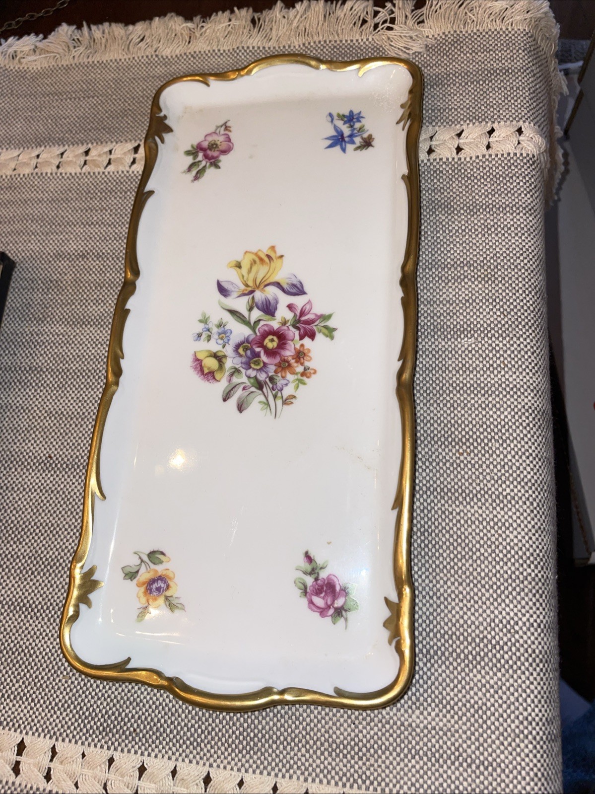 Vintage Reichenbach Porcelain Tray  German Democratic Republic Floral Gold Trim