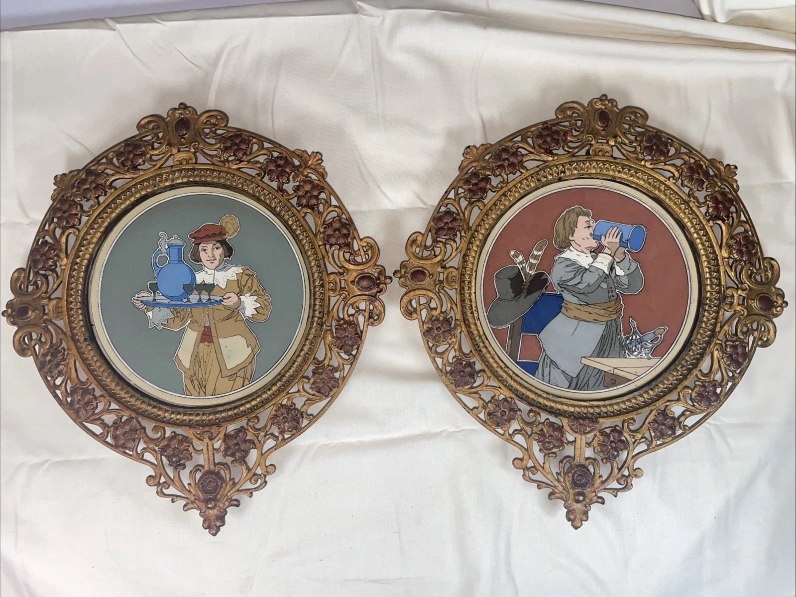 RARE Antique Villeroy Boch Mettlach Plaque Pair 2623 2626 Green Mercury Framed